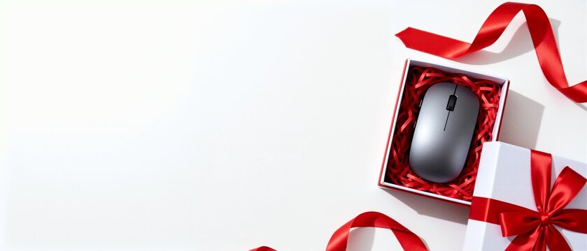 A wireless computer mouse in a red and white gift box. Technology gift concept with a red ribbon on a white background. Top view flat lay with copy space for text