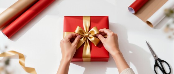 Woman's hands tying a gold bow on a red gift box. Festive holiday preparation and gift wrapping flat lay. Top view on a white background