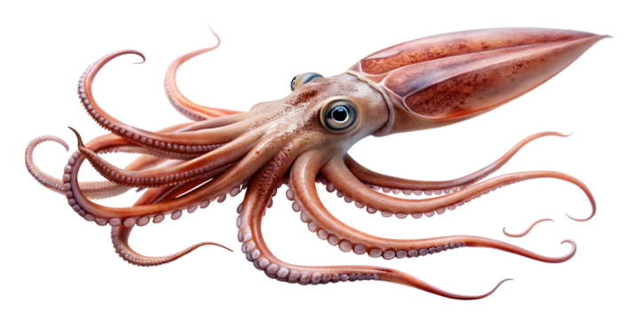 A detailed studio shot of a large, reddishbrown squid with its tentacles spread out, isolated on a transparent background