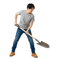 Man Digging with Shovel in Studio.