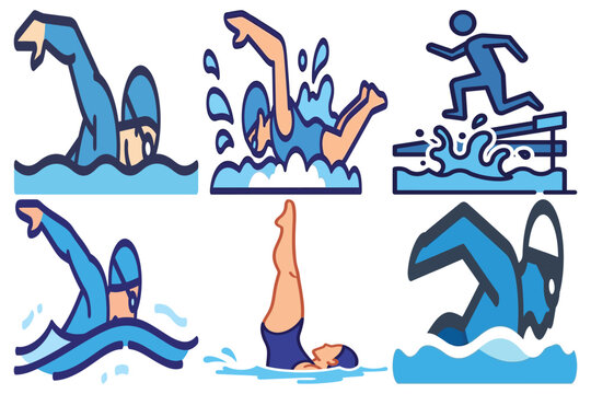 Swimming and Water Sports Icons Set: Flat Design Illustrations of Athletes in Various Strokes, Diving, and Synchronized Swimming