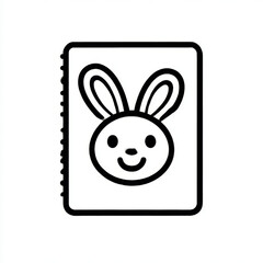 Notebook with bunny icon, minimalist line art style, black and white, for children's notes