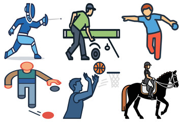 Fototapeta premium Diverse Sports and Leisure Activities Icon Set: Fencing, Billiards, Bowling, Basketball, Equestrian, Frisbee