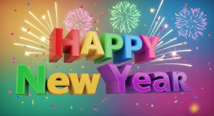 Colorful happy new year text with fireworks isolated on white background