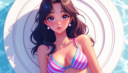 Young anime style girl wears striped pink bikini top. Relaxes on white pool float in blue water. Cute female character enjoys summer sun warm weather, leisure time. Cartoon woman illustration for