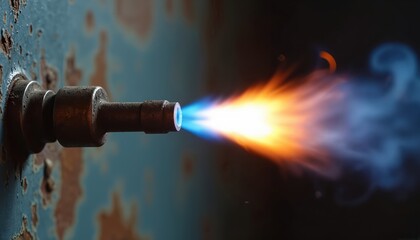 Gas torch flame burns intensely against rusty metal surface. Bright blue and orange fire emits heat and energy. Industrial power displayed with controlled combustion. Focused beam of heat.
