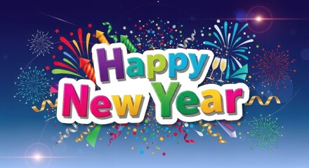 Happy new year text with fireworks and confetti isolated on white background