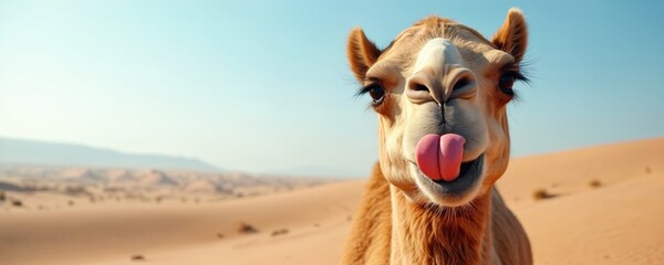 Funny camel with its tongue sticking out in a desert landscape. The dromedary has a curious expression and is looking towards the camera. Sandy dunes and clear blue sky form the background.