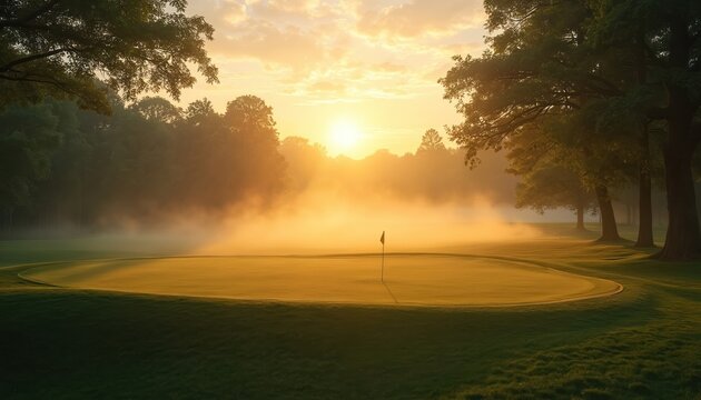 Golden sunrise illuminates misty golf course green. Morning fog rolls across fairway with flag pole. Rich trees frame peaceful dawn game. Serene quietude begins day.