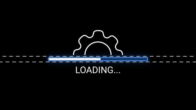 Futuristic loading bar with gear icon and dashed lines on black background progress cogwheel