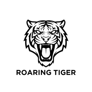 A roaring tiger head illustration with sharp teeth, and detailed stripes. It is centered on a white background