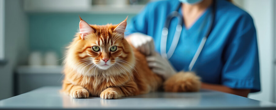 Woman in blue scrubs holds Maine Coon cat on vet table. Female doctor with stethoscope around neck examines orange cat. Cat lies on gray table in clinic.
