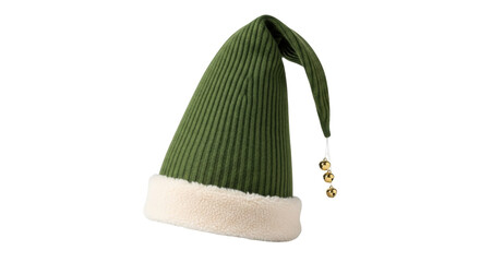 Isolated Christmas Elf Cap, Olive Green Knitted Hat with Plush White Trim, Holiday Accessory