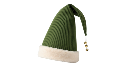 Isolated Christmas Elf Cap, Olive Green Knitted Hat with Plush White Trim, Holiday Accessory