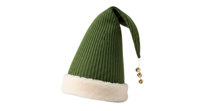 Isolated Christmas Elf Cap, Olive Green Knitted Hat with Plush White Trim, Holiday Accessory