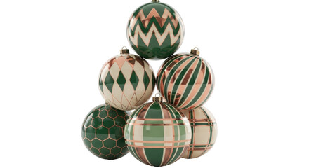 Isolated stack of six decorative Christmas tree baubles with graphic pattern and gold line