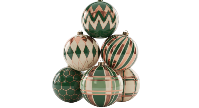Isolated stack of six decorative Christmas tree baubles with graphic pattern and gold line