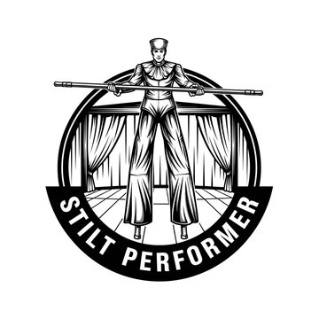A monochrome illustration of a stilt walker holding a balancing pole, within a circular emblem