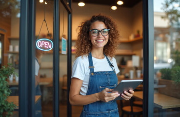 Woman with curly hair and glasses stands at cafe entrance holding tablet. She wears denim overalls and white t-shirt. Open sign hangs on door. Interior shows tables and shelves.