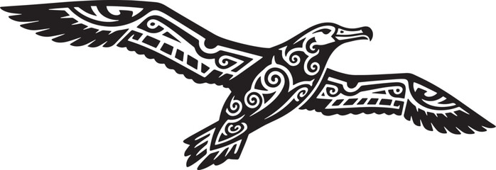 An elegant black and white illustration of a soaring tribal style bird