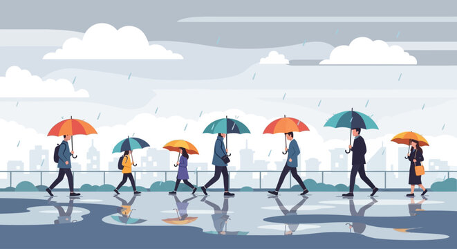 Flat vector illustration of rainy season scene with people walking under