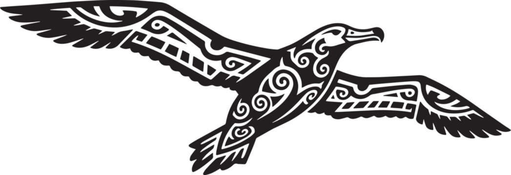 An elegant black and white illustration of a soaring tribal style bird