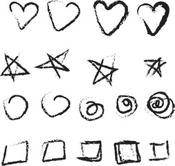 Simple sketched shapes, including hearts, stars, spirals, and squares. They look like they're drawn with charcoal or crayon, with a casual, handmade feel.