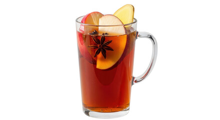 Isolated mulled cider, with star anise, slices of apple and pear for festive holiday drink