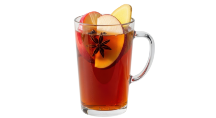 Isolated mulled cider, with star anise, slices of apple and pear for festive holiday drink