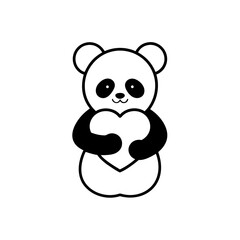 Illustration of a panda holding a heart in black and white on transparent background