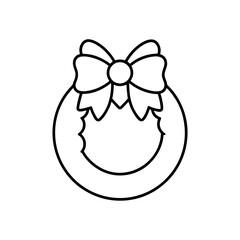 Outline drawing of a wreath with a bow at the top center on transparent background
