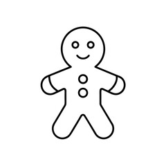 Outline drawing of a gingerbread man with button eyes on transparent background