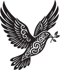 Obraz premium Elegant black and white illustration of a dove carrying an olive branch