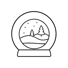 Snow globe with trees and stars in a simple line art on transparent background