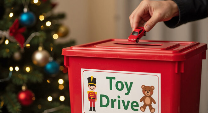 Donation of Toy Car into Holiday Toy Drive Collection Box by Hands in Festive Environment for Charity Awareness, Community Support, Holiday Giving Campaigns, and Social Media Posts