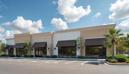 Modern commercial building with storefronts, offices available for lease sale. Exterior shot clean architecture, ample parking, ideal for new businesses seeking retail office space in suburban