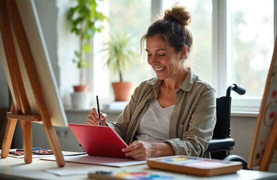 Smiling disabled woman artist paints in studio on wheelchair. Happy mature latin female uses tablet and pen. Art student creates image. Artist draws enjoying creative process. - Powered by Adobe