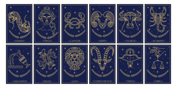Set of stylized twelve zodiac signs in cartoon style. Vector illustration of different zodiac signs: Libra, Virgo, Cancer, Aries, Taurus, Scorpio, Aquarius, Pisces, Leo, Capricorn, Sagittarius, Libra.