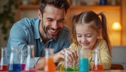 Father and daughter explore science with colorful liquids in lab beakers. Young girl mixes chemicals, dad watches closely. Joyful family bonding activity at home in warm light.
