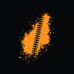 Abstract orange tire track splash design with grunge texture on a black background