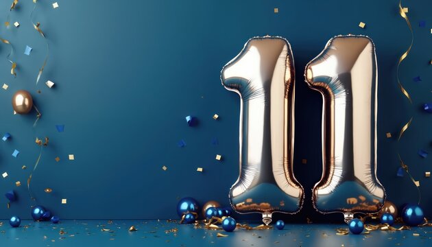 Golden and silver metallic balloons shape the number eleven on a dark blue background. Confetti and streamers add festive detail. Copy space available for text or graphics. Ideal for celebrations.