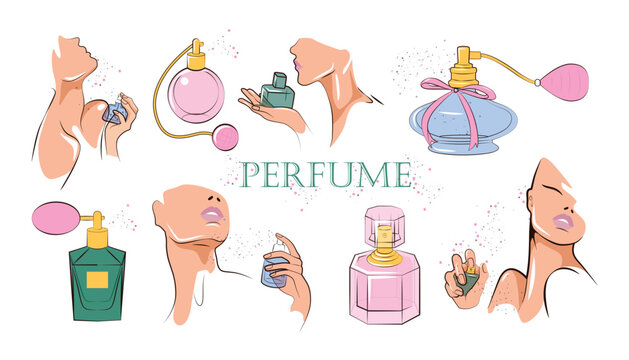 Set of exquisite perfumes in cartoon style. Vector illustration of beautiful women holding, spraying perfume, pleasant aromas, bottles of different shapes, designs isolated on white background.