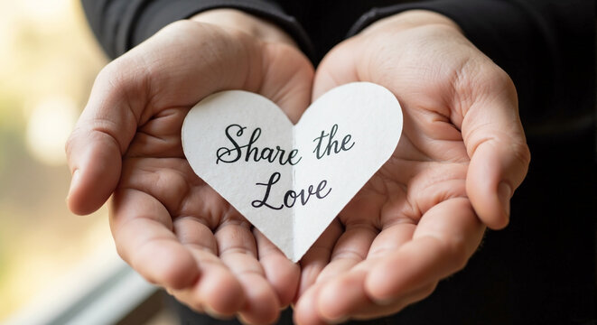 Hands Holding a Heart with "Share the Love" for Charity Awareness, Community Support, Giving Back Initiatives, Social Media Campaigns, and Fundraising Events