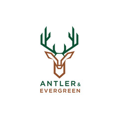 A geometric deer head logo with antlers in green and brown, with text 