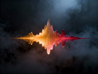 Dynamic 3D Sound Wave or Audio Equalizer Visualization Glowing with Orange and Red Gradient Light, Abstract Digital Music Technology Background in a Dramatic Smoky Environment