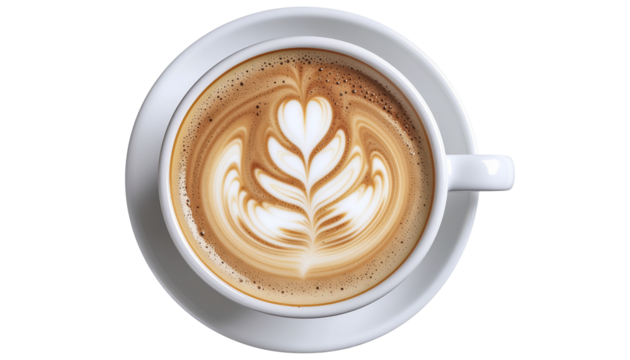 Hot foamy cappuccino coffee cup closeup isolated on white background with saucer