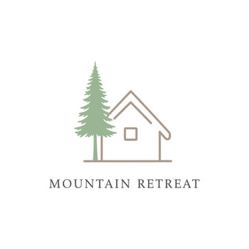 A minimalist logo featuring a cabin silhouette next to a conifer tree, with text at the bottom