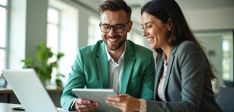 Two business colleagues smile while looking at a tablet computer during a meeting. They are in a modern office with a laptop and green plant visible. Teamwork and discussion occur.
