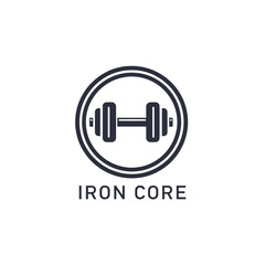 A dark gray stylized dumbbell within a circle, and the words IRON CORE below, all on a white background