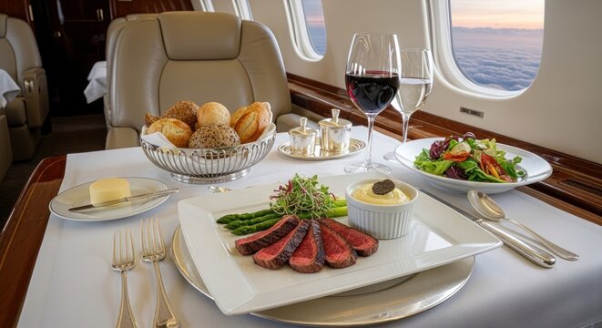 Luxurious meal served on a private jet, featuring steak, salad, wine, and bread, with an ocean view.